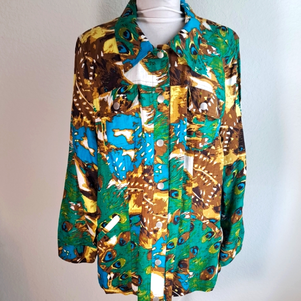 Richard Malcom Woman 100% Linen Jacket Plus Size 2X Colorful Peacock Print Snaps